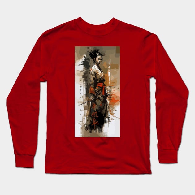 Samurai girl with katana Long Sleeve T-Shirt by CatCoconut-Art